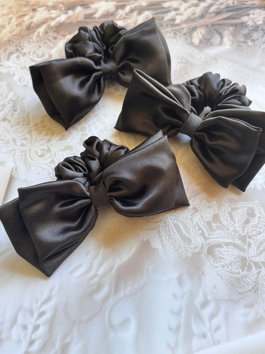 Bows and Bags India | Midnight Satin Bow Scrunchie | front view | handmade hair accessories India