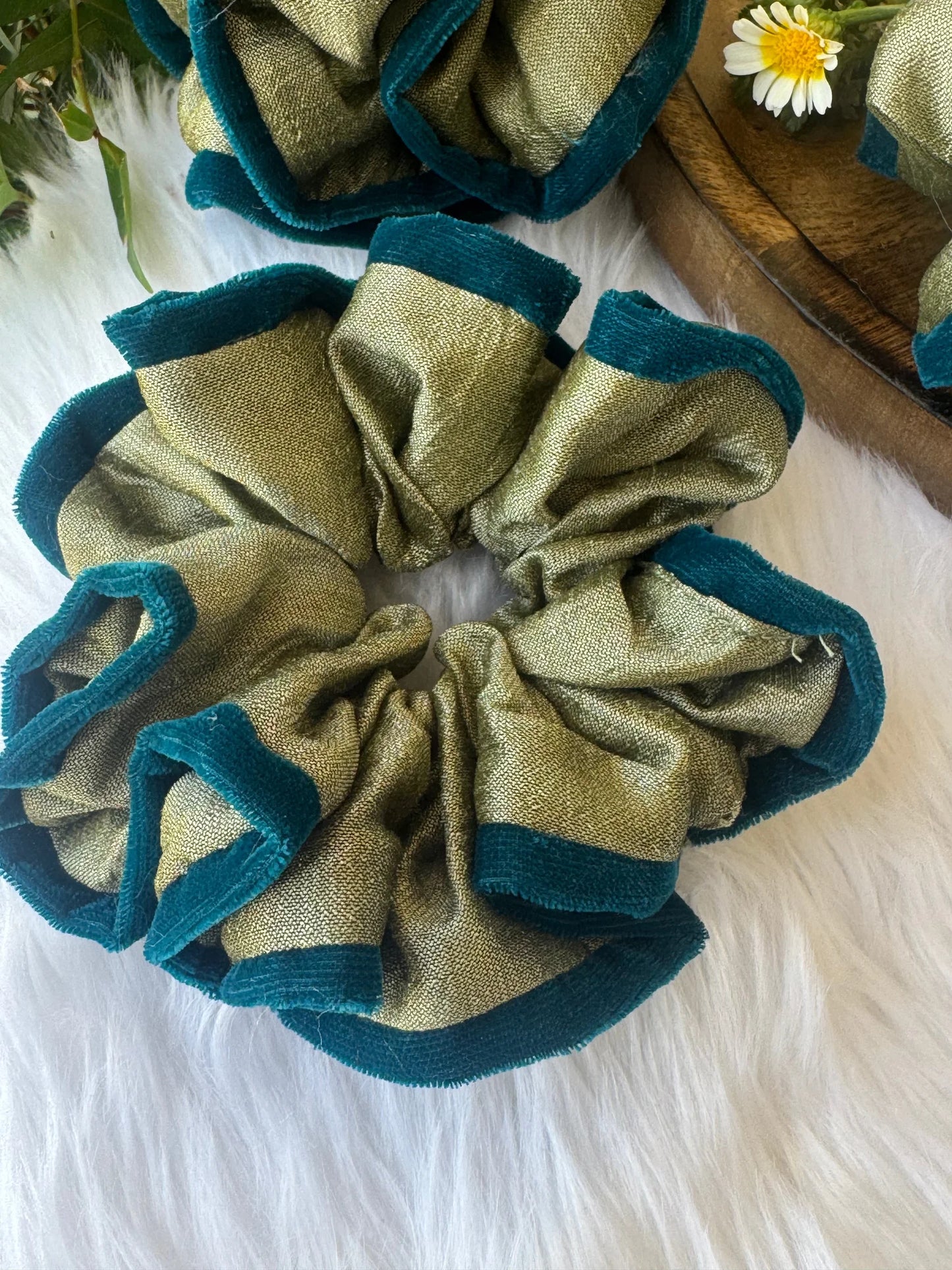 Handmade mint green silk and velvet scrunchie with teal border displayed flat lay on white fabric, Bows and Bags India