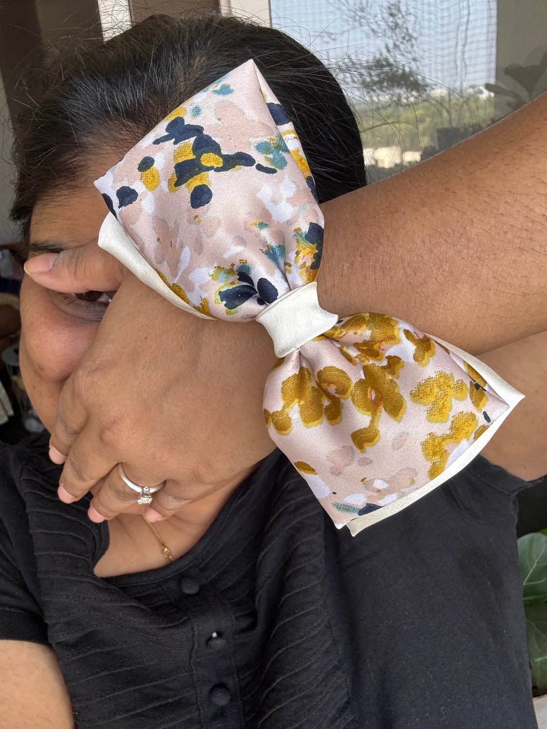 Bows and Bags India | Monet Satin Bow Scrunchie | lifestyle shot | handmade hair accessories India