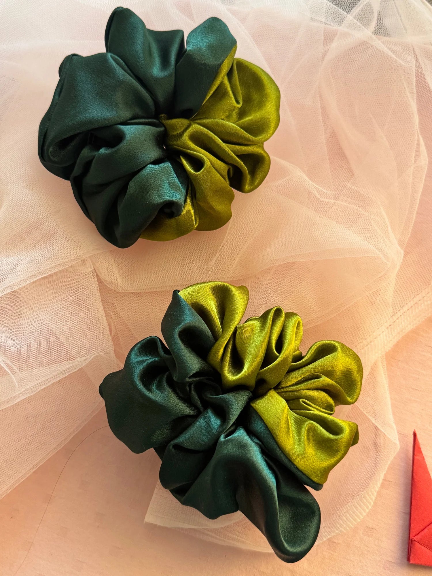 Olive Garden dual-color satin scrunchies in olive and dark green, handmade hair accessories by Bows and Bags India, XL size