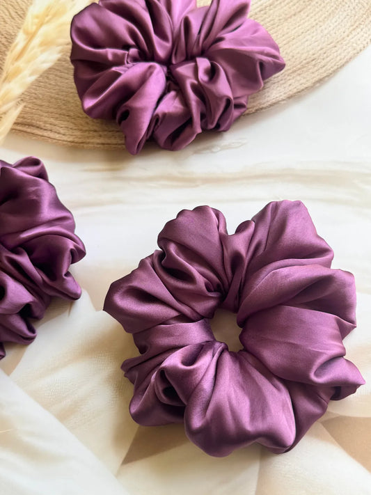 Bows and Bags India | Orchid Dusk – Silky Smooth XL Oversized Satin Scrunchie | front view | handmade hair accessories India