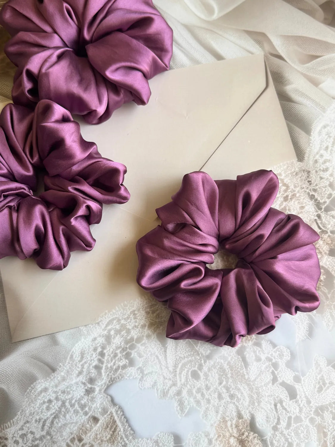 Bows and Bags India | Orchid Dusk – Silky Smooth XL Oversized Satin Scrunchie | side view | handmade hair accessories India