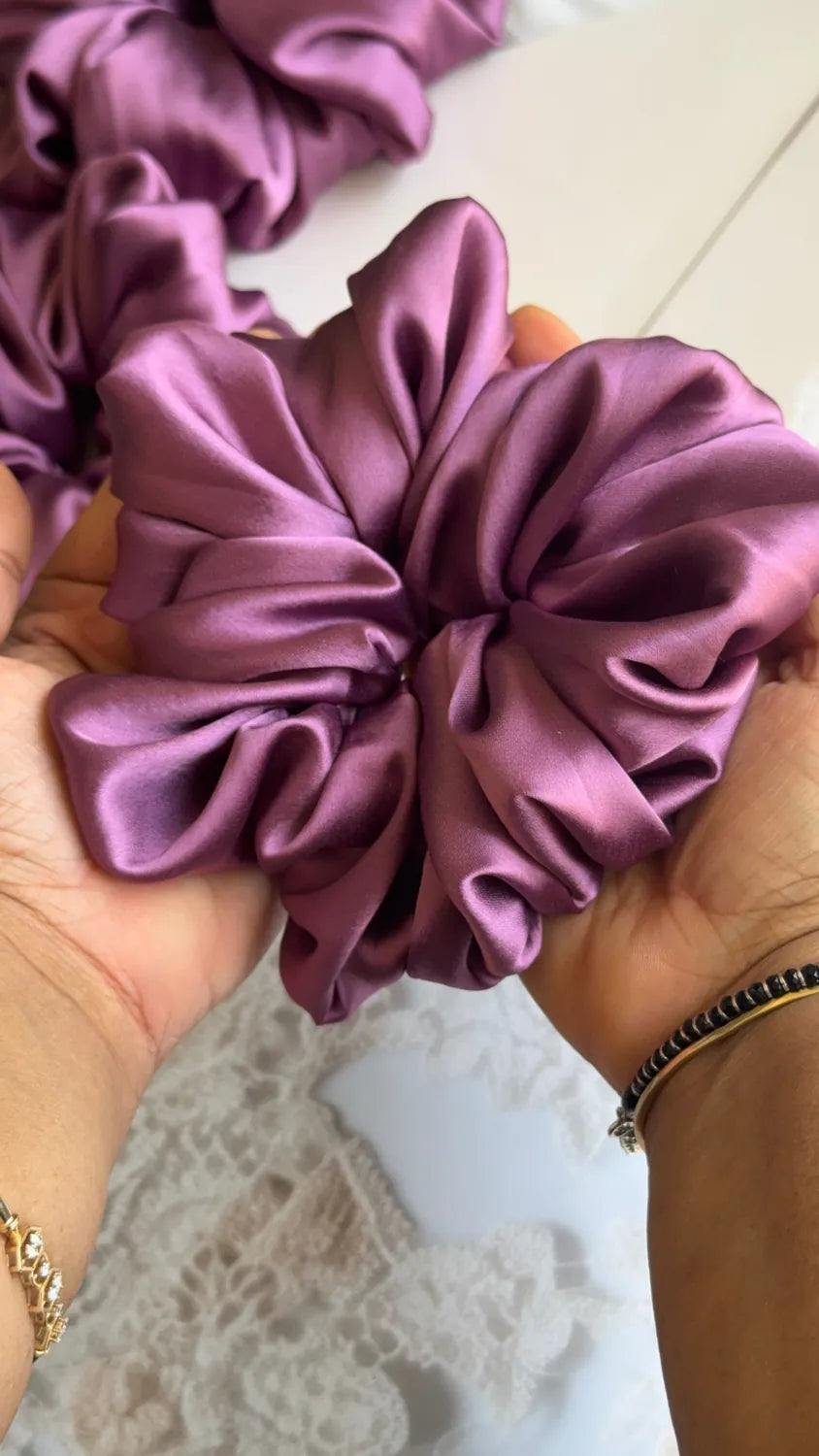 Bows and Bags India | Orchid Dusk – Silky Smooth XL Oversized Satin Scrunchie | detail view | handmade hair accessories India
