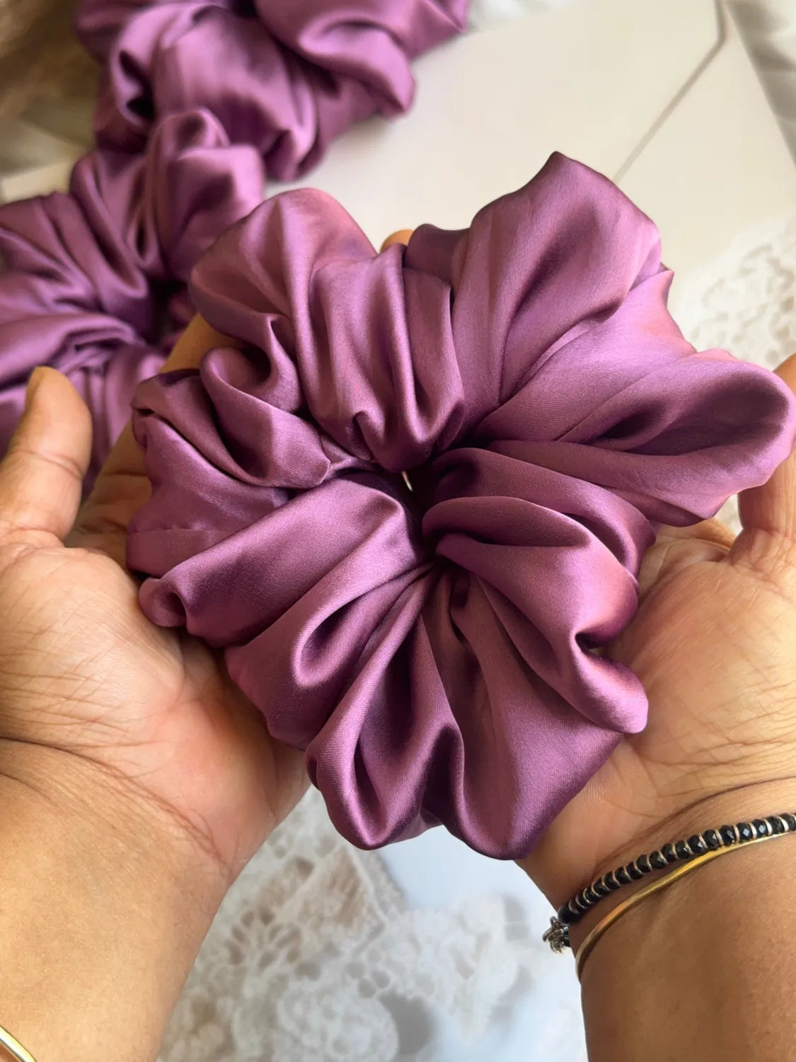 Bows and Bags India | Orchid Dusk – Silky Smooth XL Oversized Satin Scrunchie | side view | handmade hair accessories India