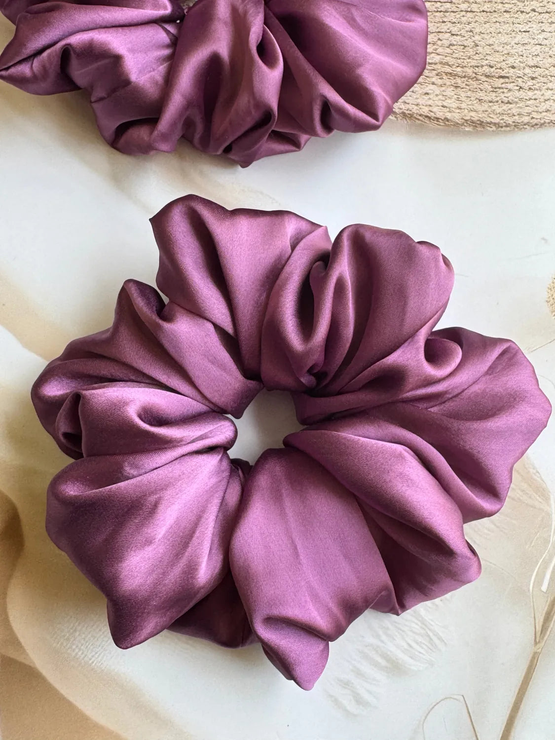 Bows and Bags India | Orchid Dusk – Silky Smooth XL Oversized Satin Scrunchie | detail view | handmade hair accessories India
