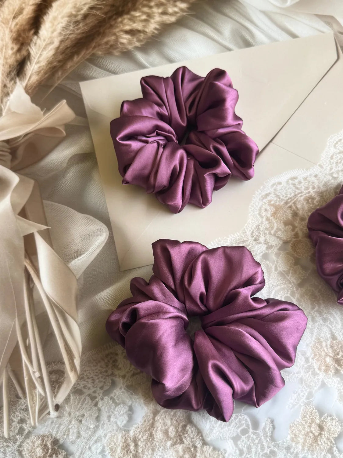 Bows and Bags India | Orchid Dusk – Silky Smooth XL Oversized Satin Scrunchie | texture closeup | handmade hair accessories I