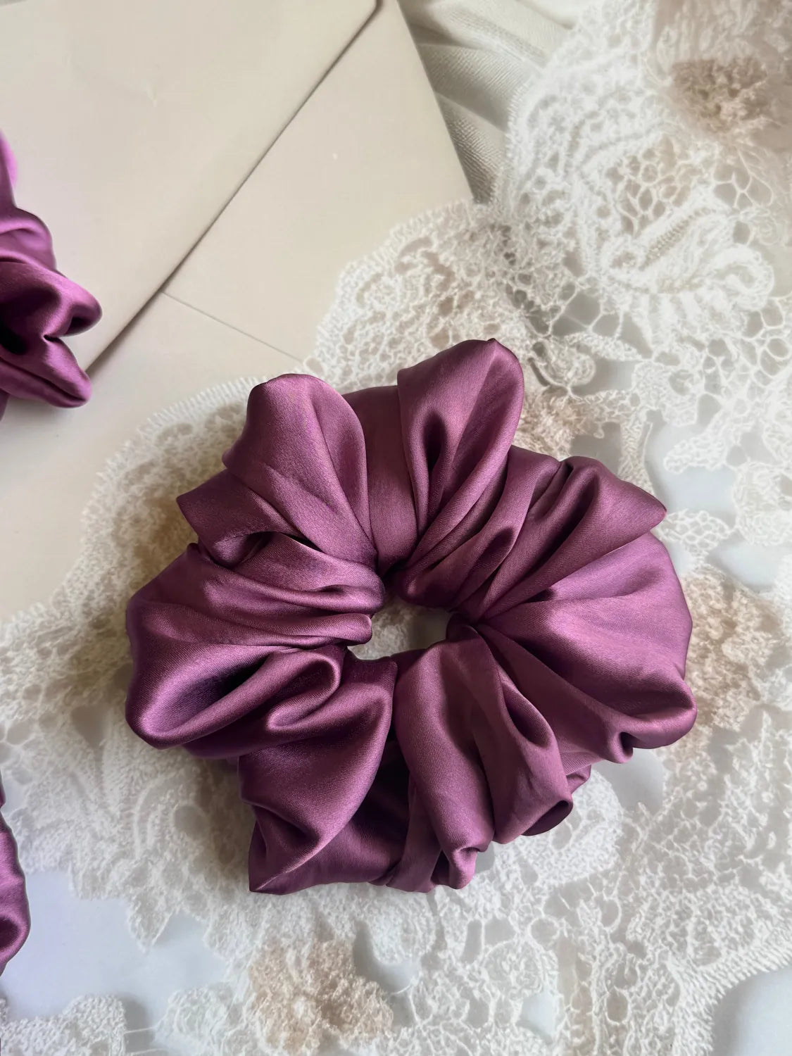 Bows and Bags India | Orchid Dusk – Silky Smooth XL Oversized Satin Scrunchie | back view | handmade hair accessories India