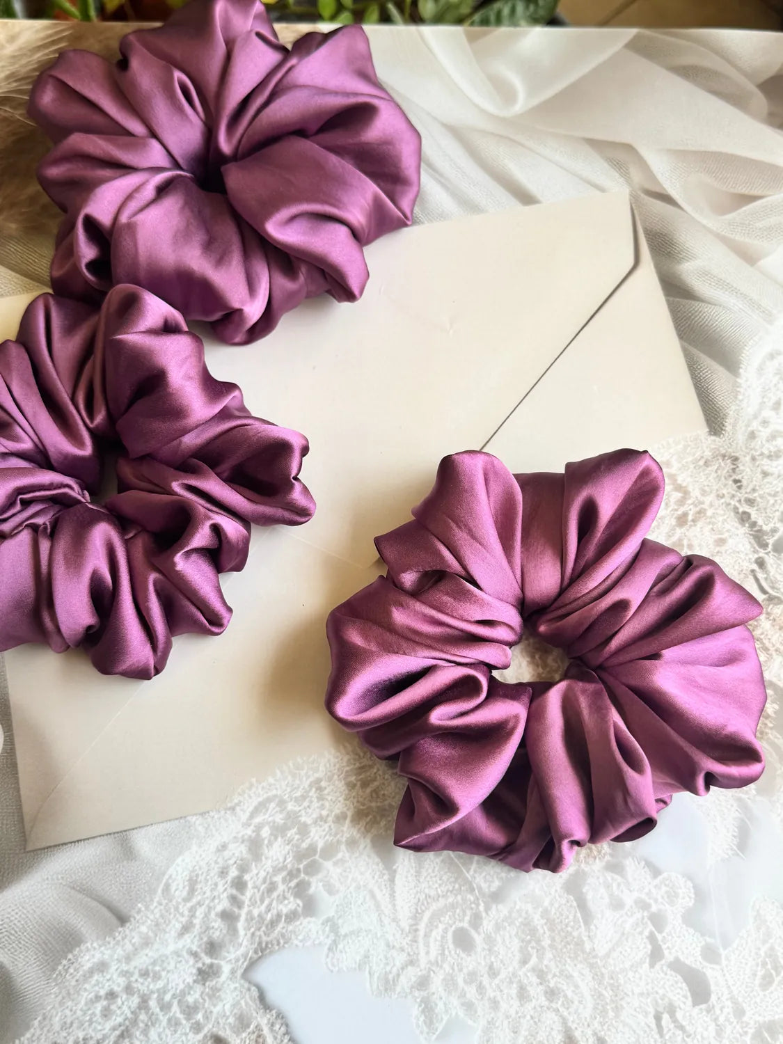 Bows and Bags India | Orchid Dusk – Silky Smooth XL Oversized Satin Scrunchie | front view | handmade hair accessories India