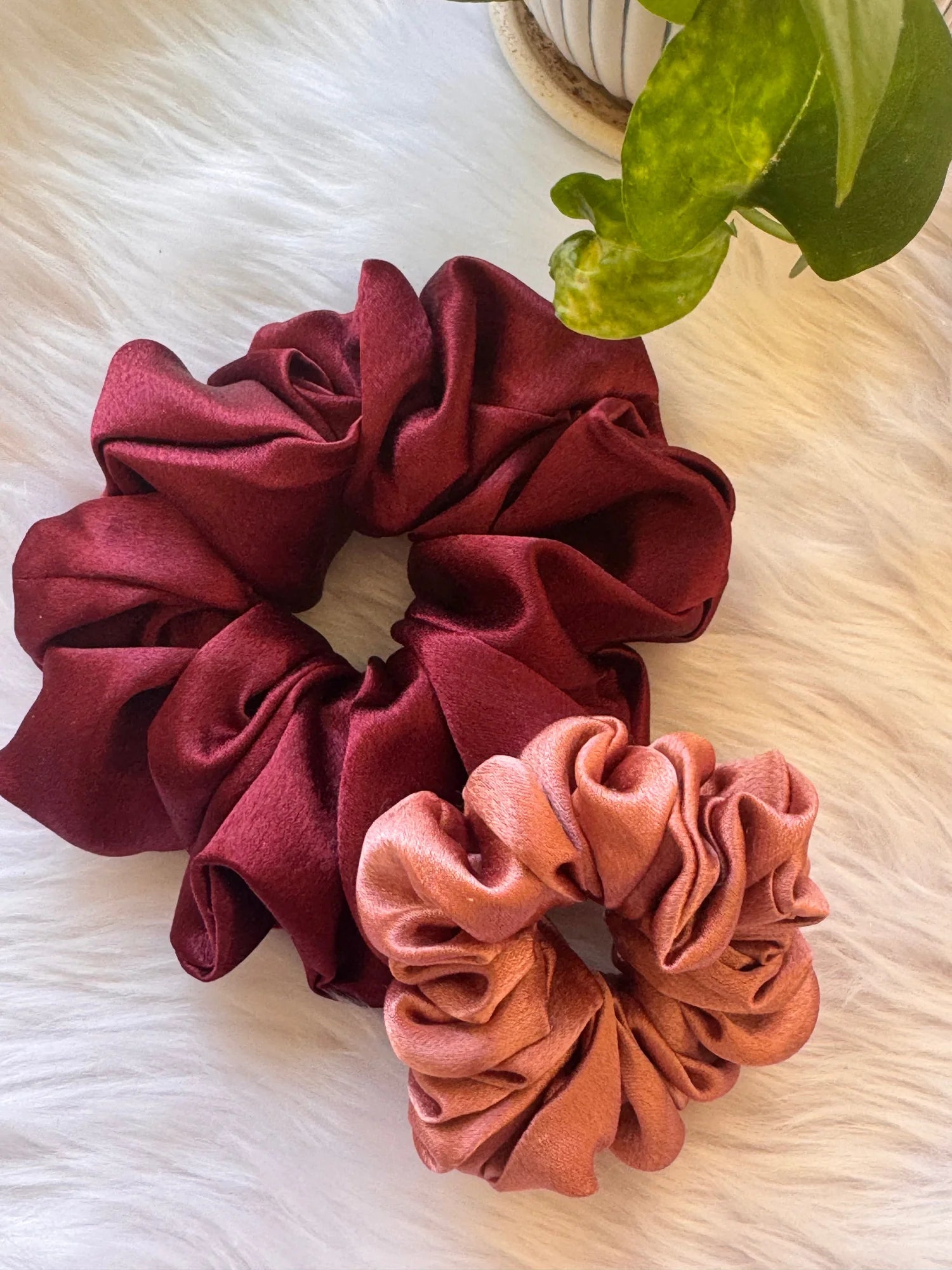 Dark fuchsia and peach pink satin scrunchies duo by Bows and Bags India, handmade fluffy hair accessories with soft moss