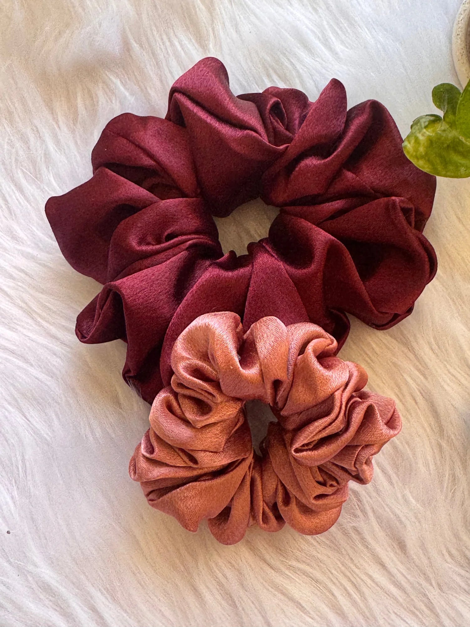 Dark fuchsia and peach pink satin scrunchies duo by Bows and Bags India, handmade hair accessories with fluffy texture on