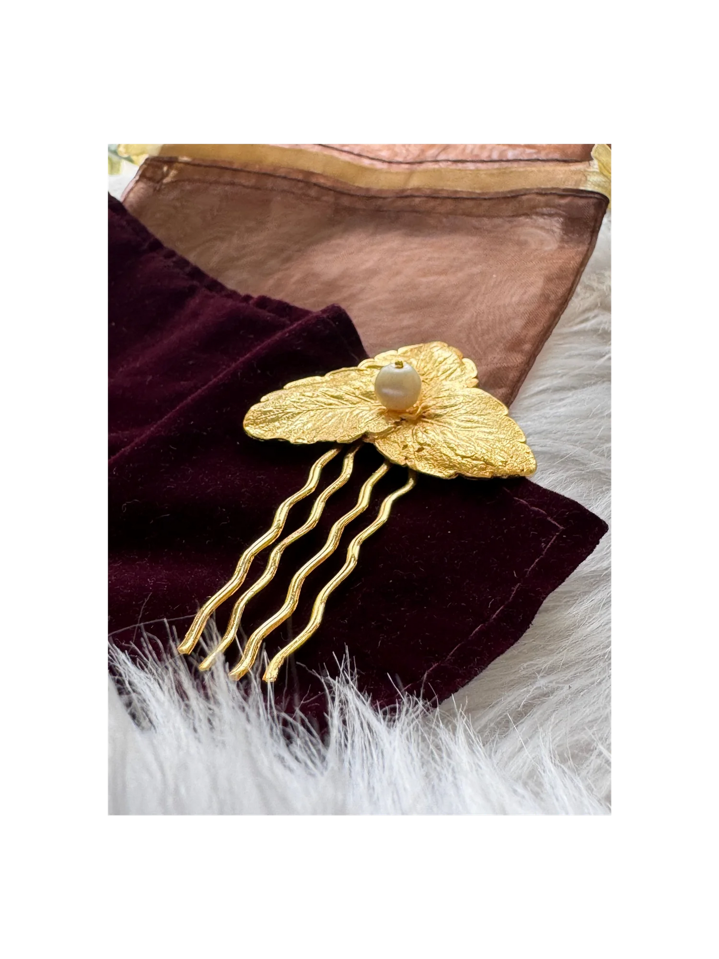Bows and Bags India | Pearl Golden Leaf  - Hair Pin | back view | handmade hair accessories India