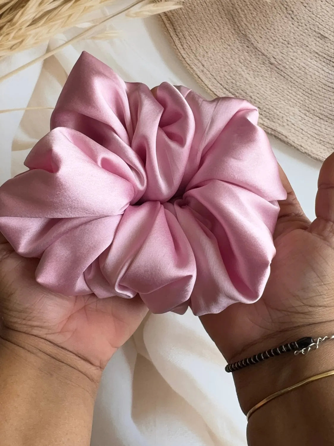 Bows and Bags India | Petal Rush – Silky Smooth XL Oversized Satin Scrunchie | detail view | handmade hair accessories India