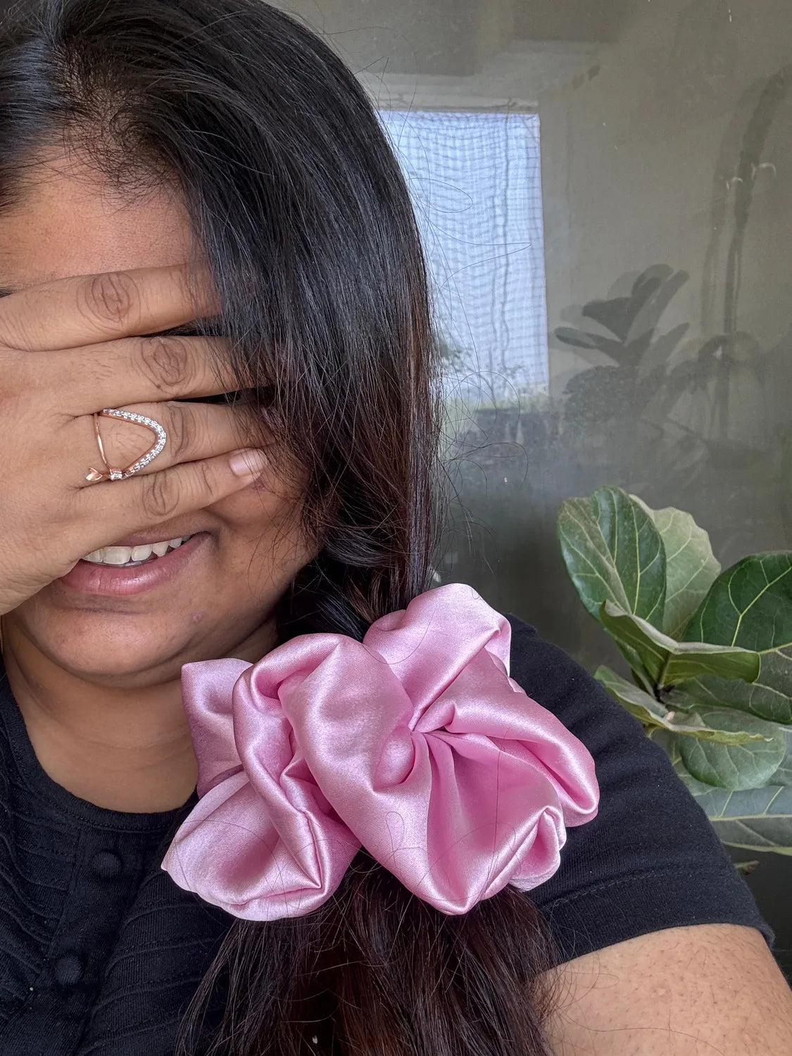 Bows and Bags India | Petal Rush – Silky Smooth XL Oversized Satin Scrunchie | lifestyle shot | handmade hair accessories Ind