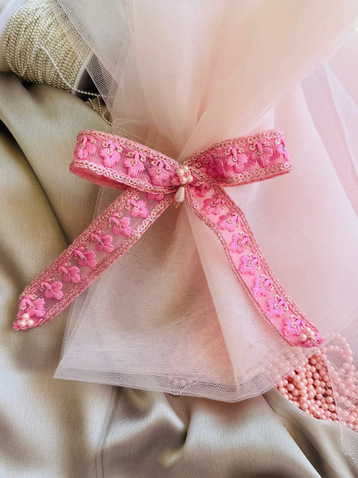 Pink Pearl Flower hair clip pair with embroidered floral design and pearl centerpiece by Bows and Bags India, handmade