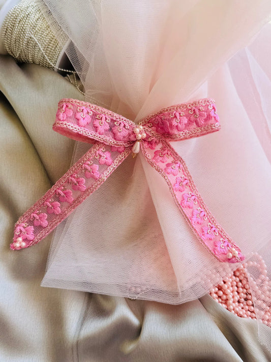Pink Pearl Flower hair clip pair with embroidered floral design and pearl centerpiece by Bows and Bags India, handmade