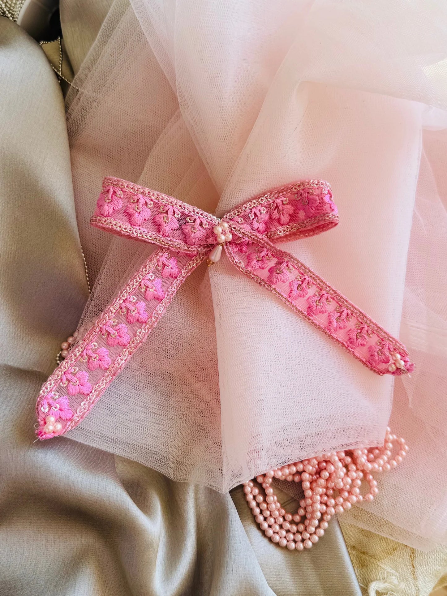 Pink Pearl Flower hair clip pair with delicate embroidery and pearl accents on tulle by Bows and Bags India