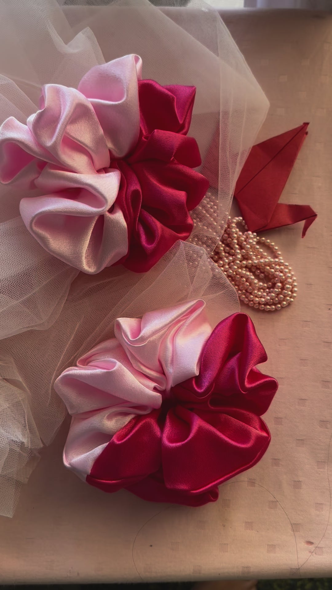 Two Scrunchies with Beautiful light and dark pink shades displayed with both colors Front Side Live Image
