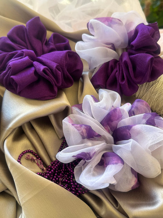 Purple Orchid Combo silk and organza scrunchies by Bows and Bags India - handmade hair accessories in deep purple and white