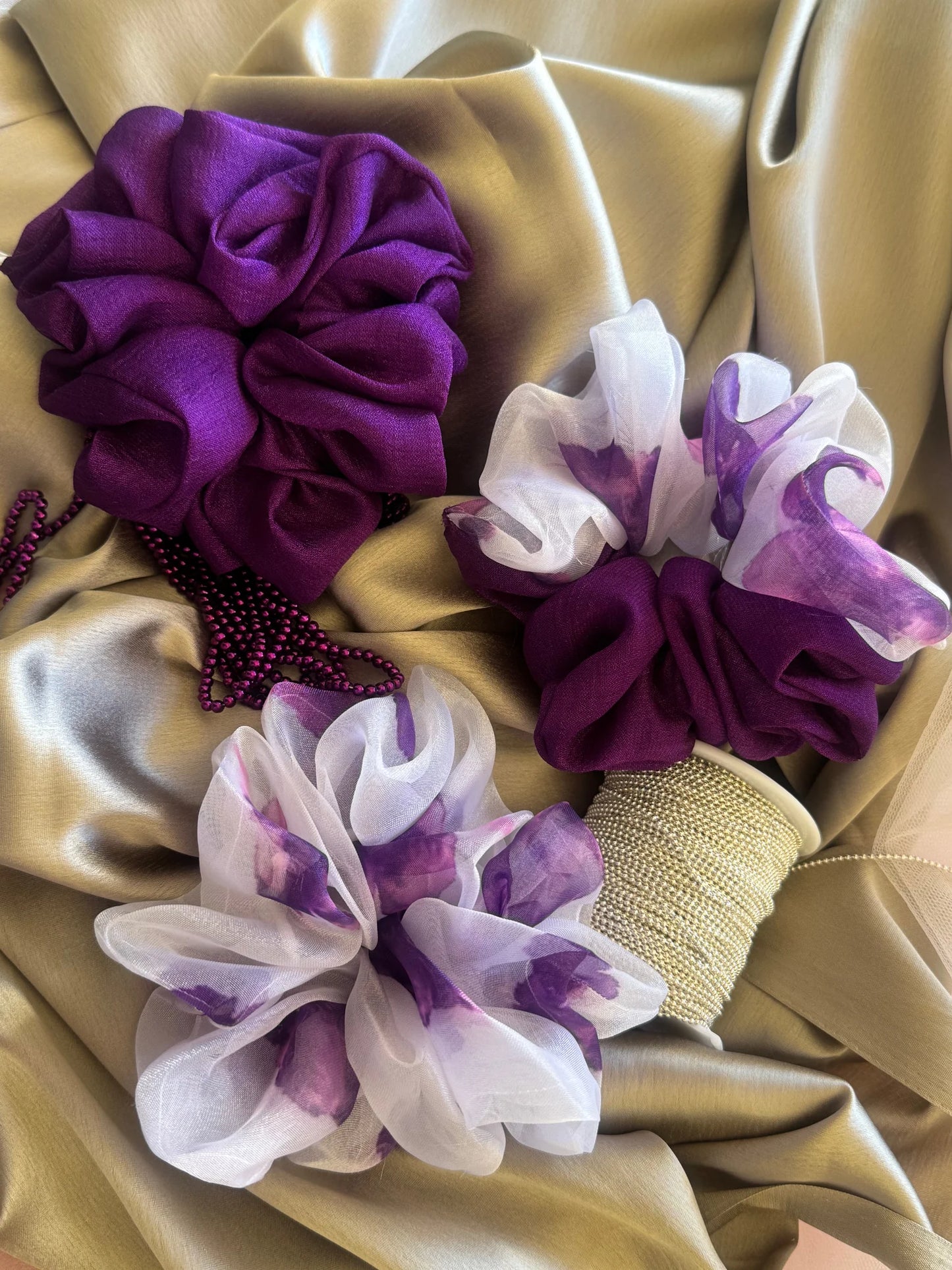 Purple Orchid Combo silk and organza scrunchies with beaded accents by Bows and Bags India, handmade hair accessories