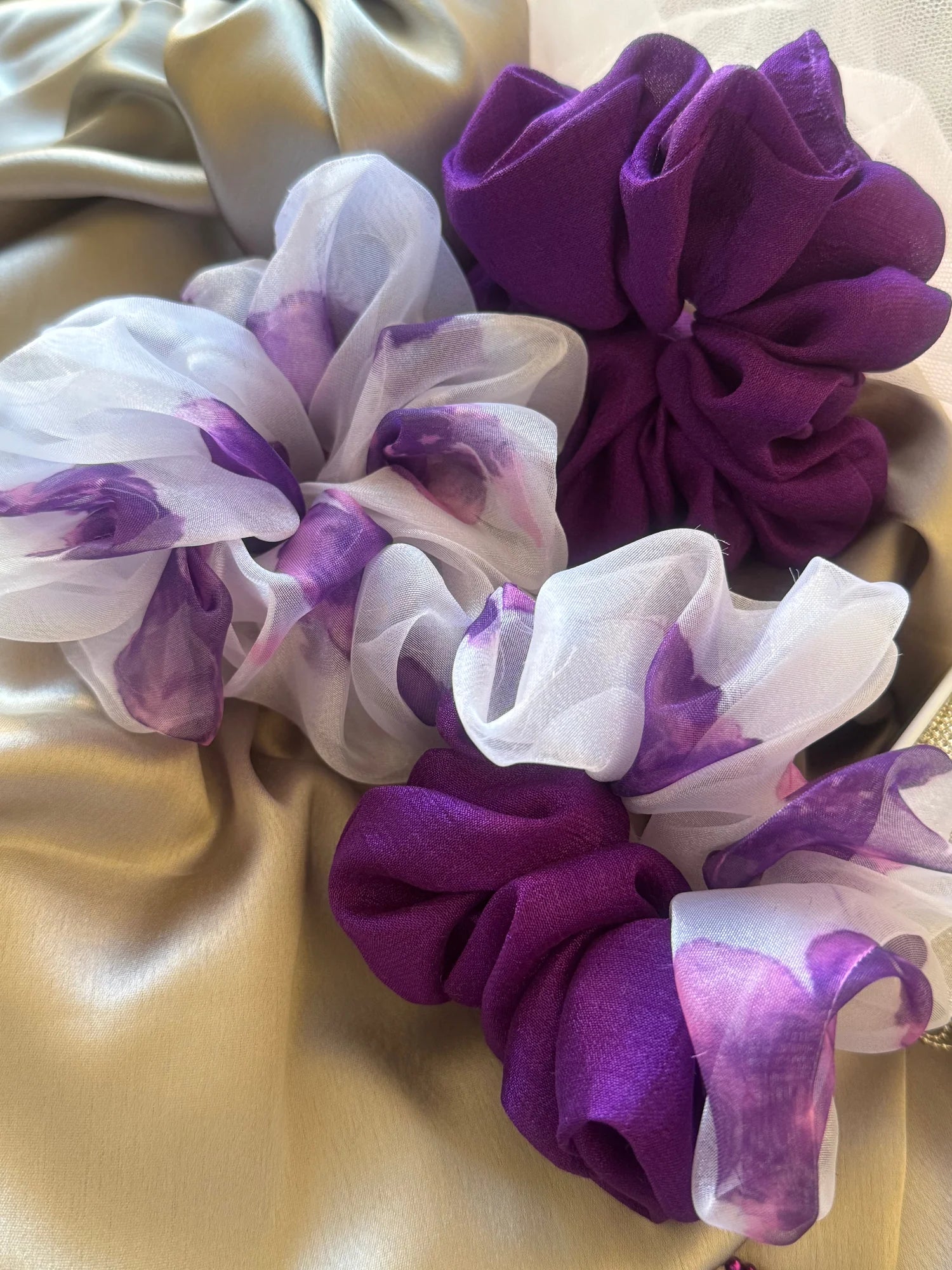 Purple Orchid handmade silk and organza scrunchies trio by Bows and Bags India, displaying luxe textures and floral prints
