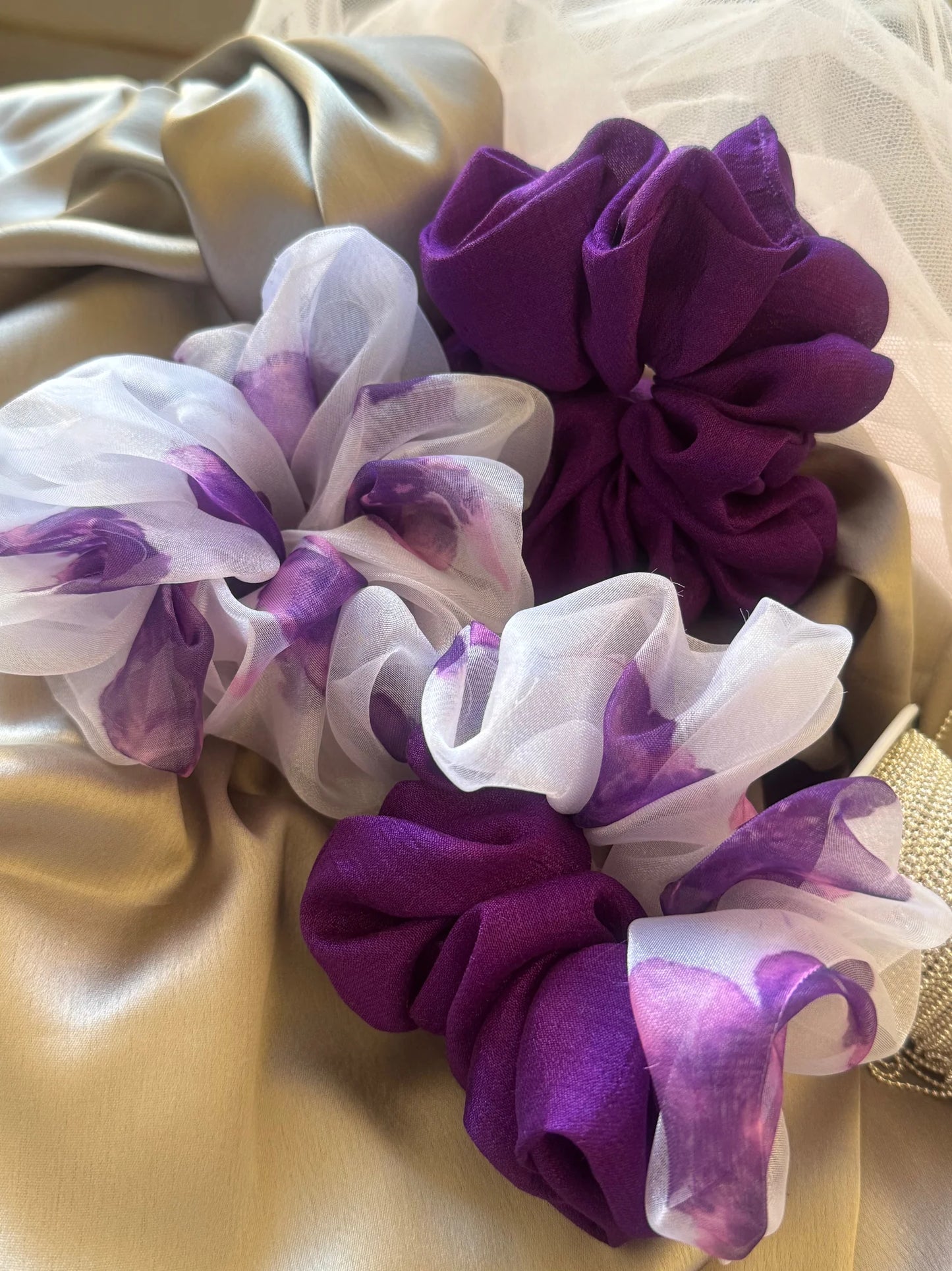 Purple Orchid Combo silk and organza scrunchies in deep purple and white floral prints, handmade by Bows and Bags India