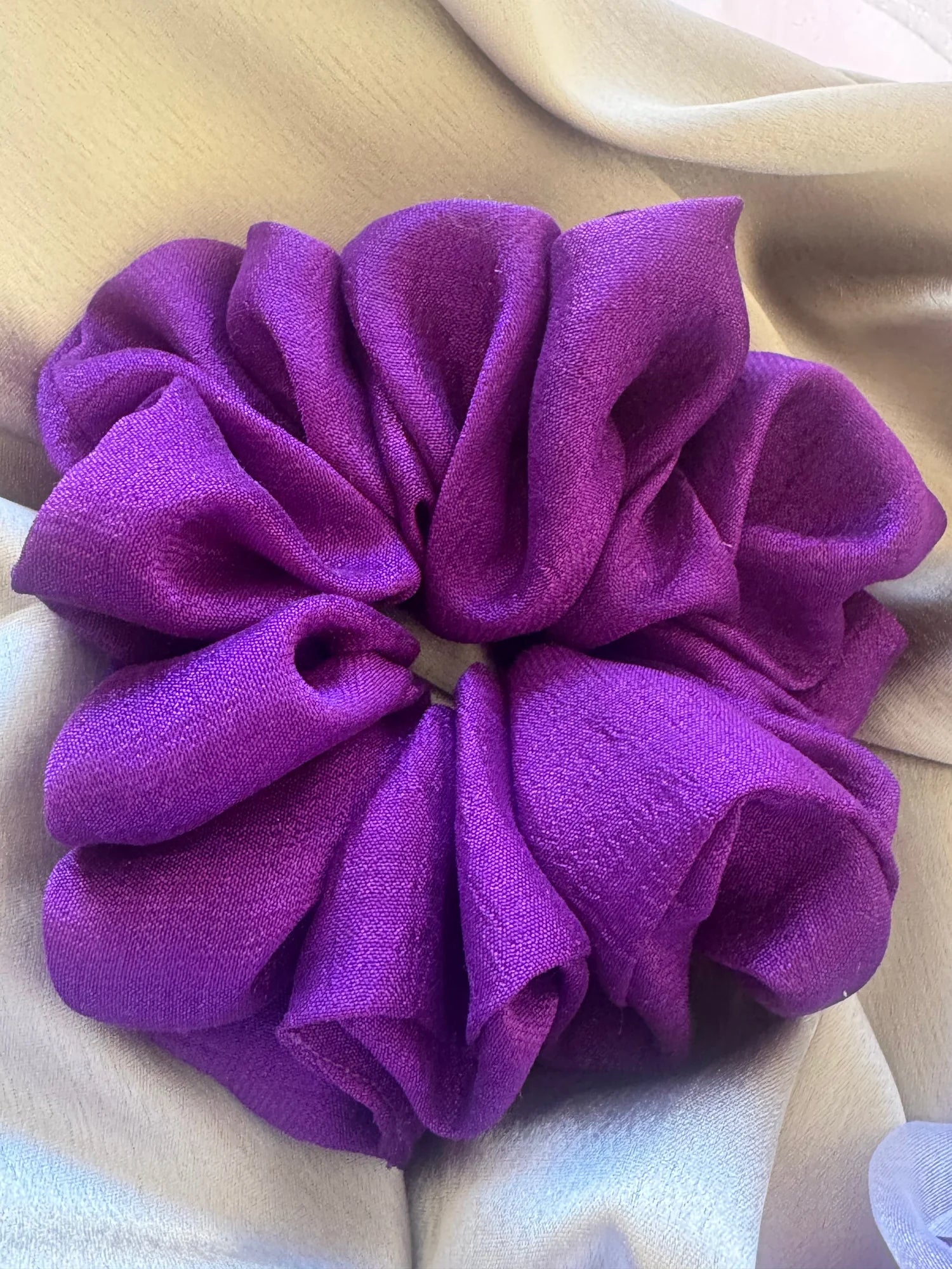 Purple silk organza scrunchie with ruffled texture by Bows and Bags India, handmade hair accessory detail shot