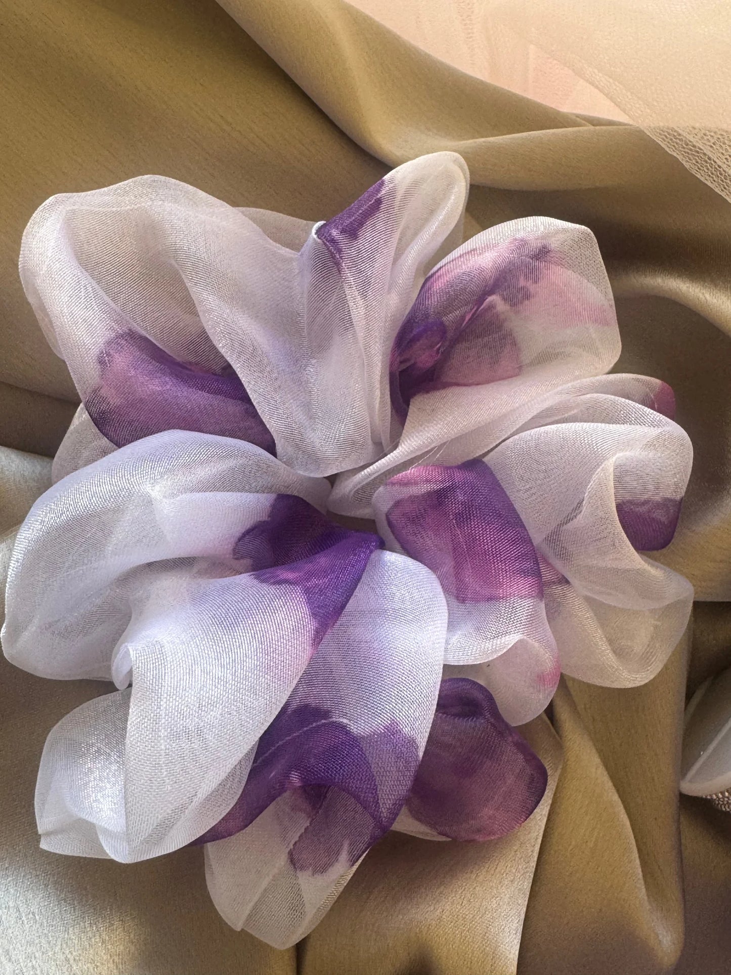 Purple orchid silk and organza scrunchies trio by Bows and Bags India, handmade hair accessories with delicate floral print