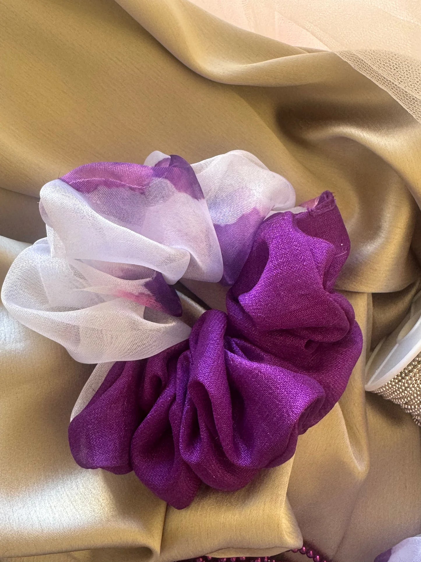Purple Orchid silk and organza scrunchies trio by Bows and Bags India, handmade hair accessories with white sheer overlay