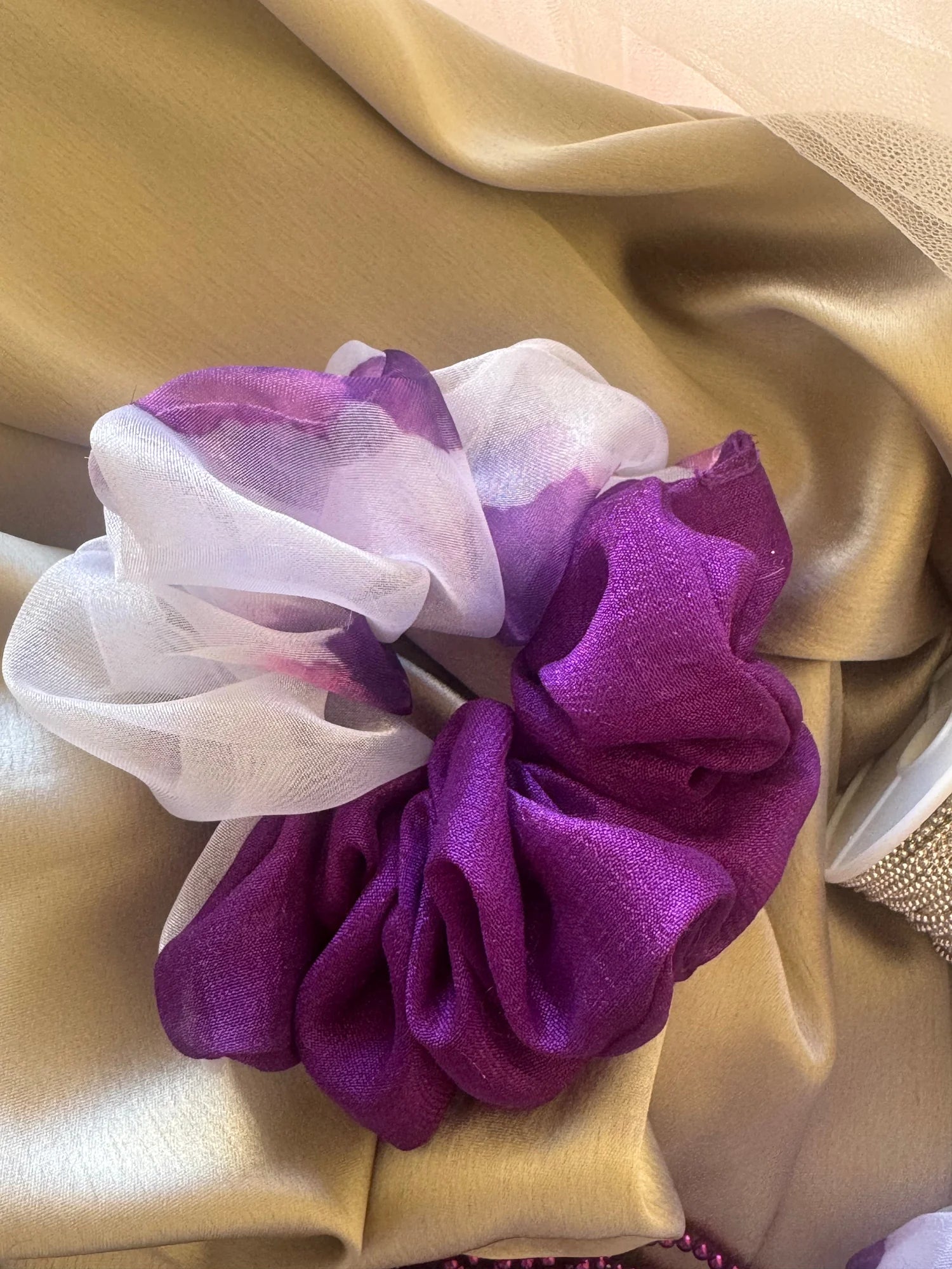Purple Orchid silk and organza scrunchies trio by Bows and Bags India, handmade hair accessories with white sheer overlay