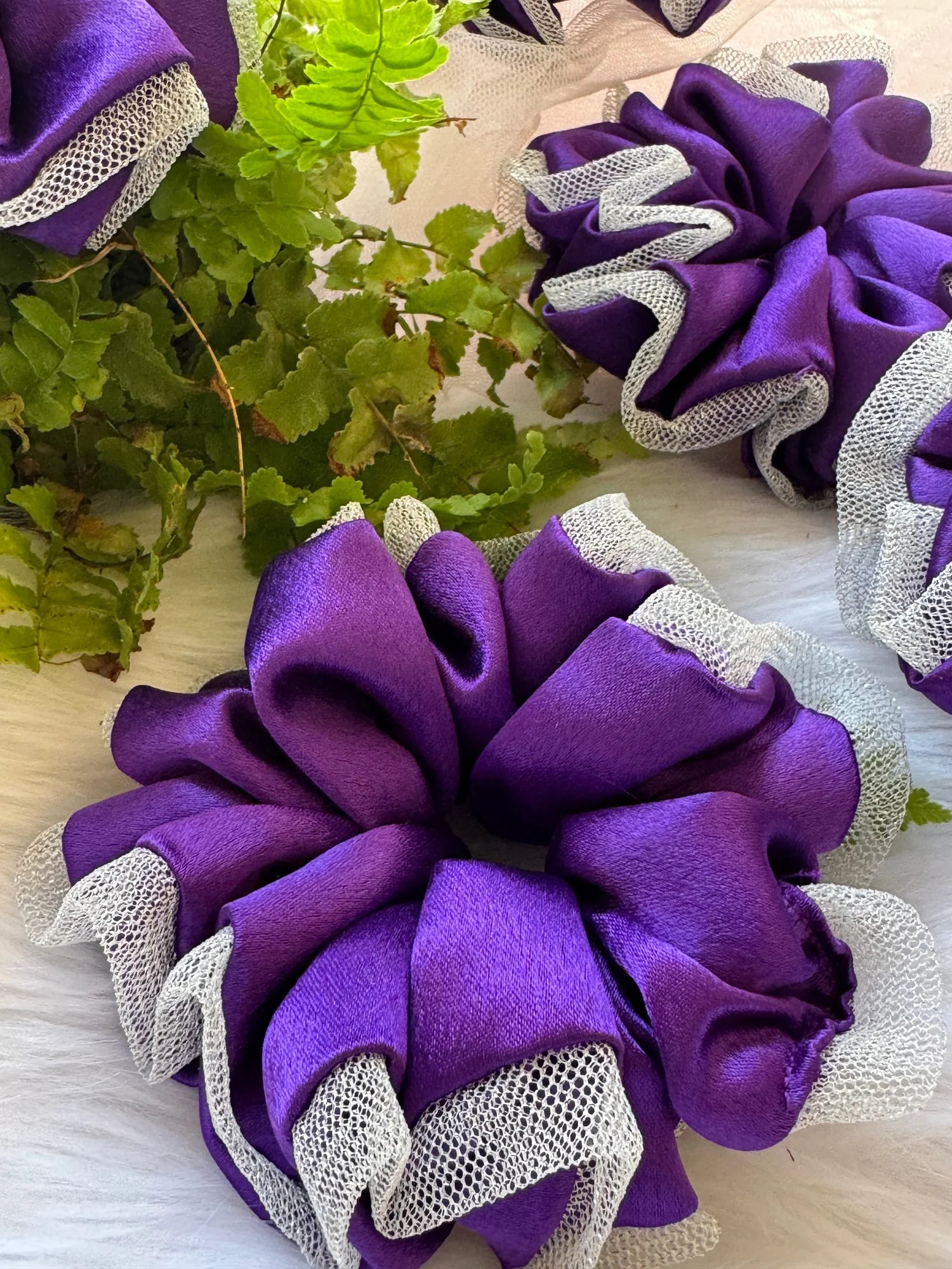 Purple satin scrunchie with silver net trim detail by Bows and Bags India handmade hair accessory