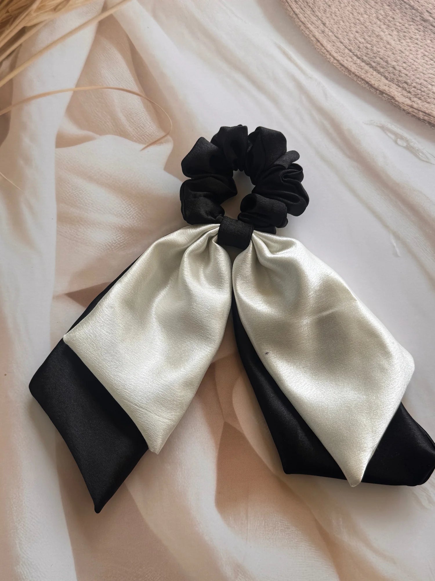 Black and white satin dual long tail scrunchie with elegant bow detail by Bows and Bags India, handmade hair accessory on