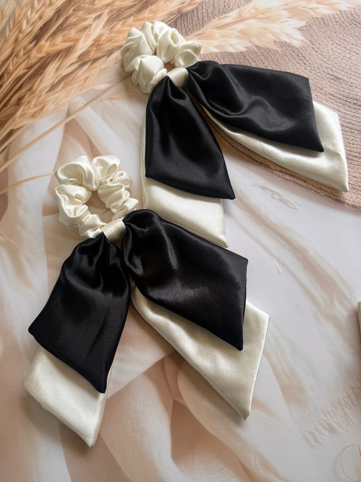 Bows and Bags India pearly white and black satin dual long tail scrunchies with bow detail, handmade hair accessories