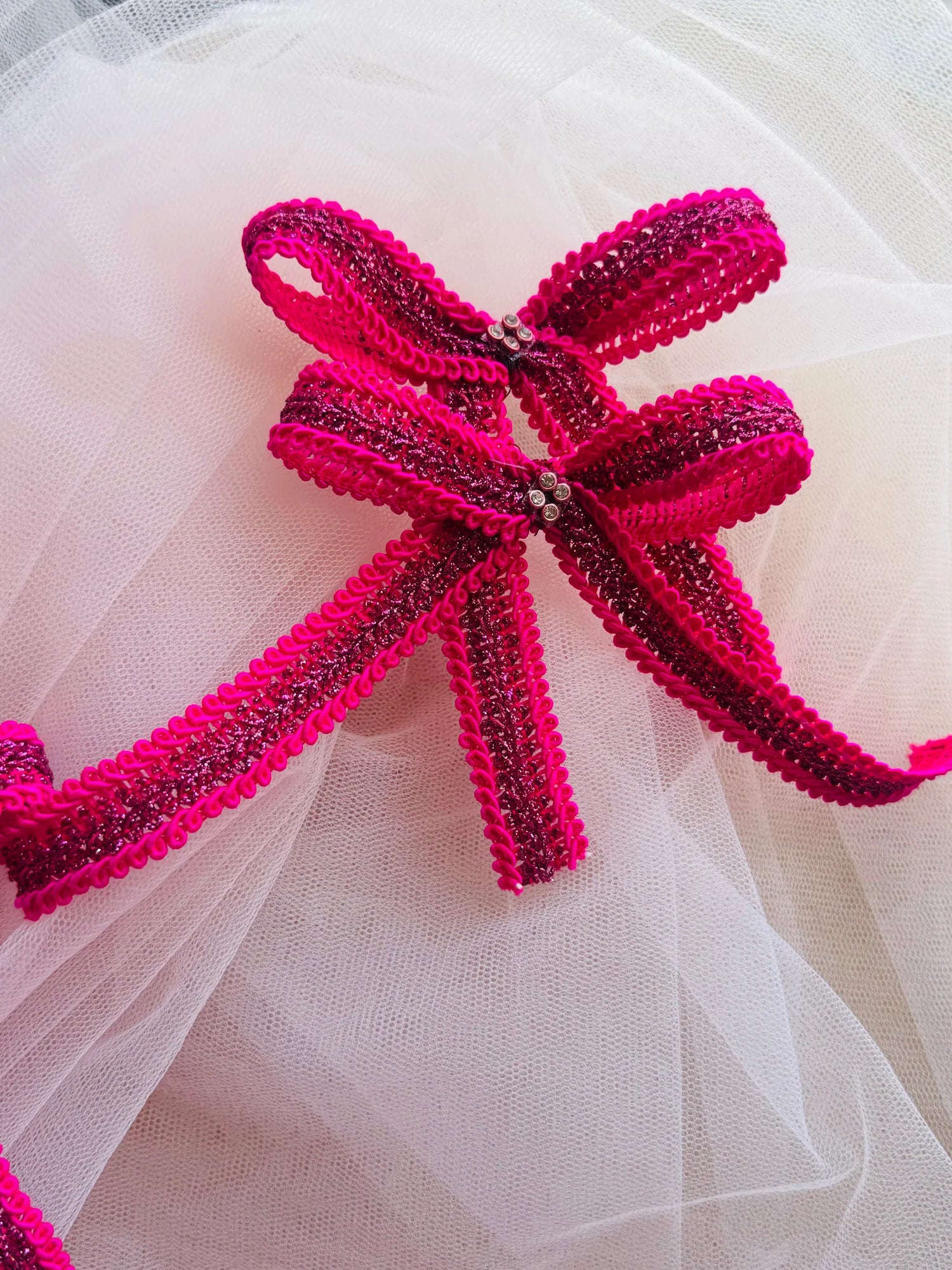 Rose Roosevelt handmade hair bow in hot pink sequin with purple gold detail, Bows and Bags India luxury hair clip