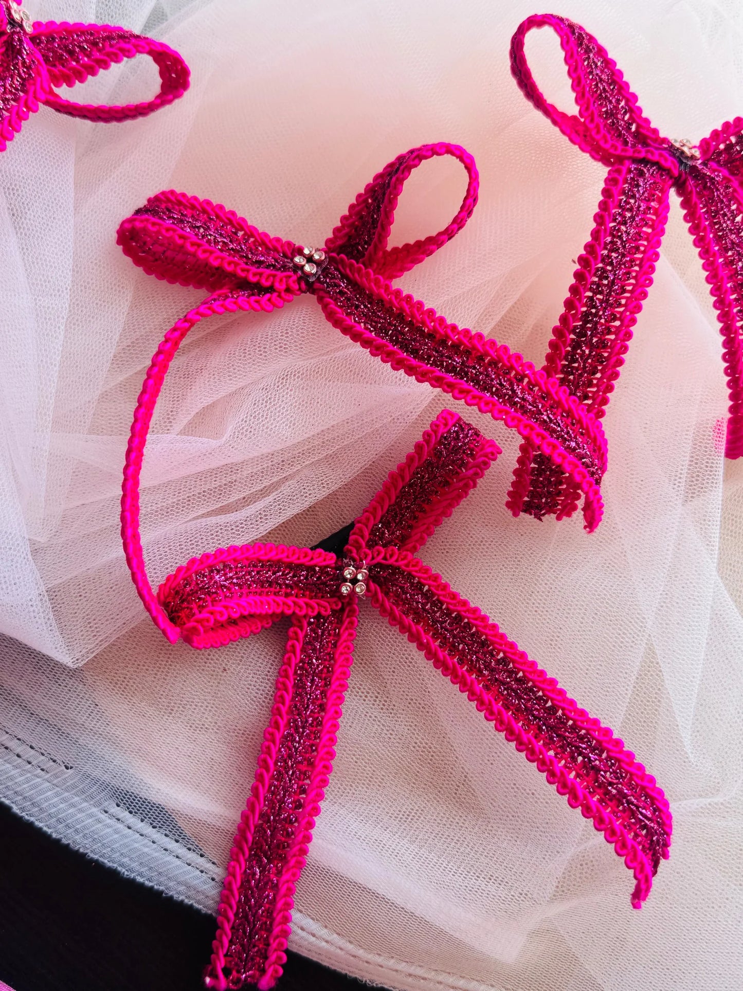 Rose Roosevelt handmade pink bow hair clip with purple gold glitter detail on tulle by Bows and Bags India