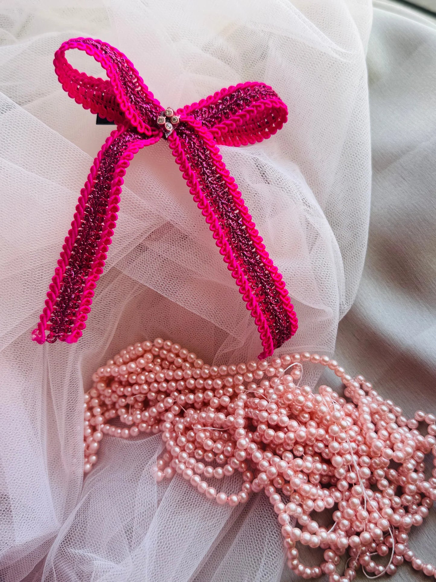 Handmade rose pink sequin hair bow with purple gold detailing on white tulle, Bows and Bags India