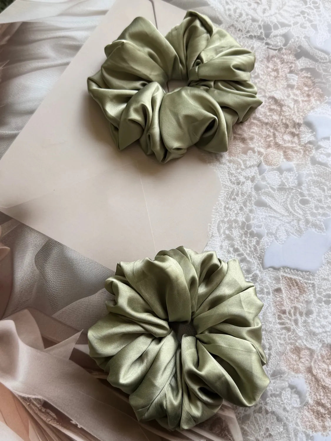 Bows and Bags India | Sage Bloom – Silky Smooth XL Oversized Satin Scrunchie | front view | handmade hair accessories India