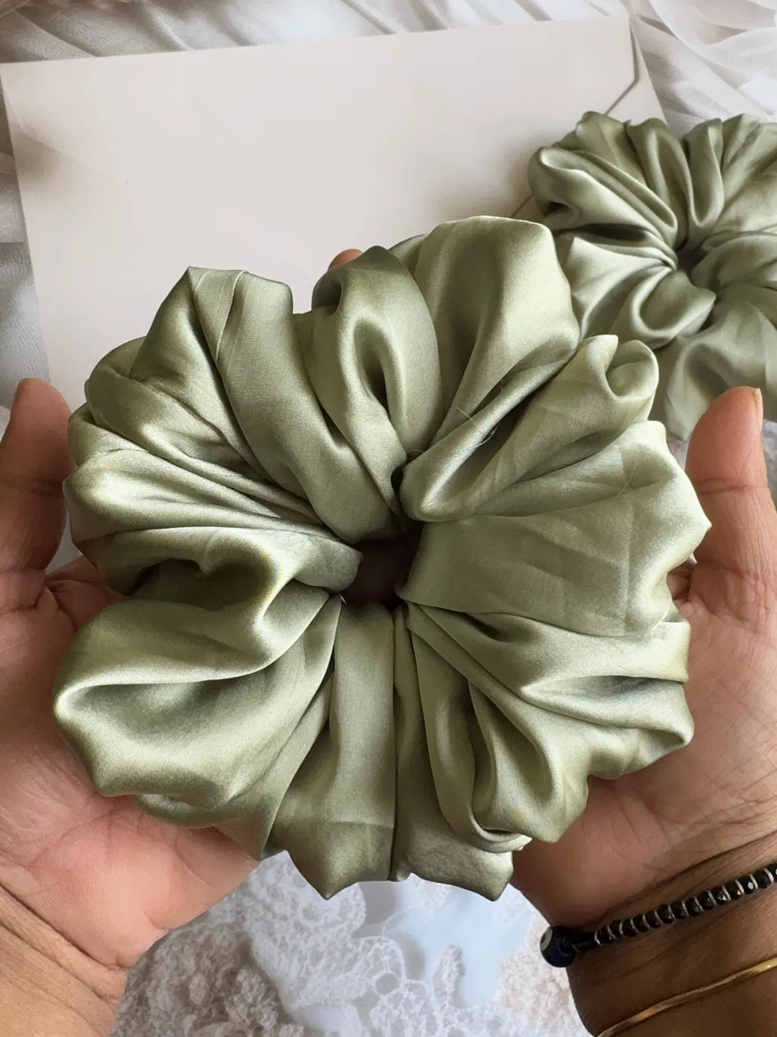 Bows and Bags India | Sage Bloom – Silky Smooth XL Oversized Satin Scrunchie | side view | handmade hair accessories India