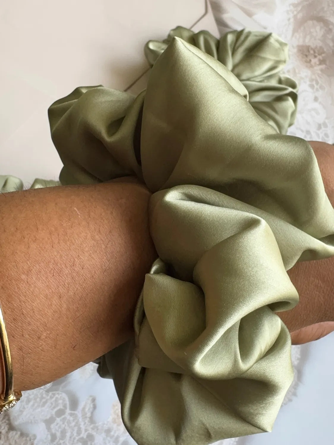 Bows and Bags India | Sage Bloom – Silky Smooth XL Oversized Satin Scrunchie | detail view | handmade hair accessories India