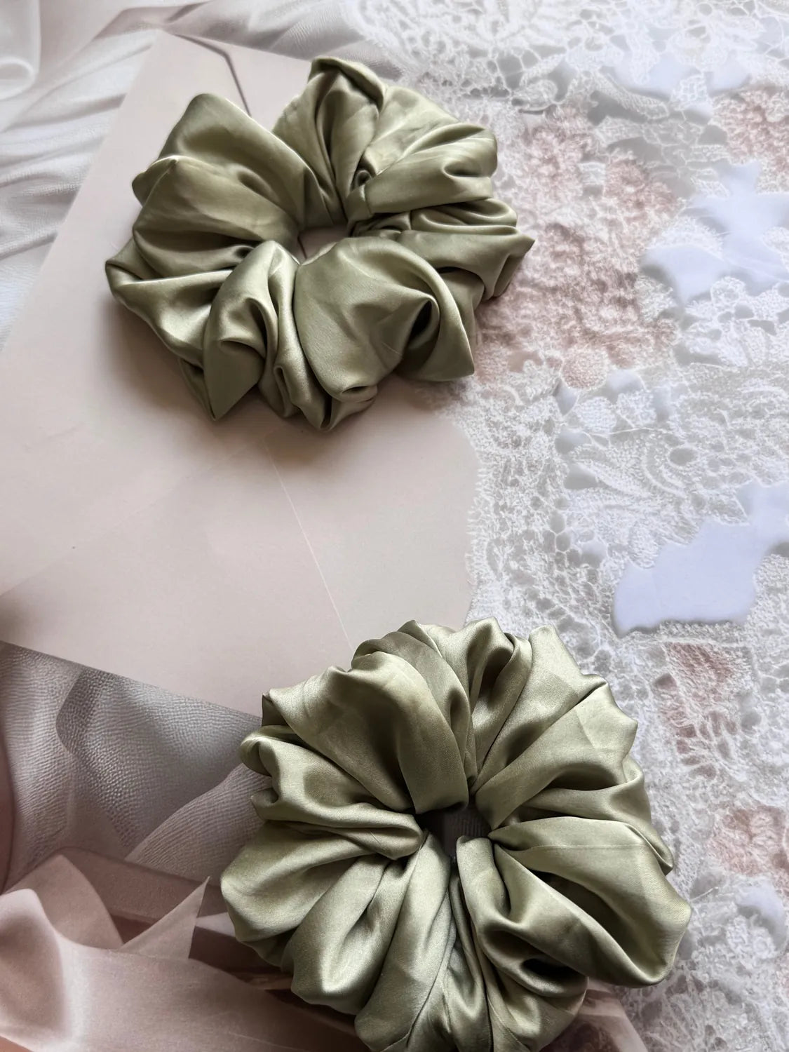 Bows and Bags India | Sage Bloom – Silky Smooth XL Oversized Satin Scrunchie | side view | handmade hair accessories India