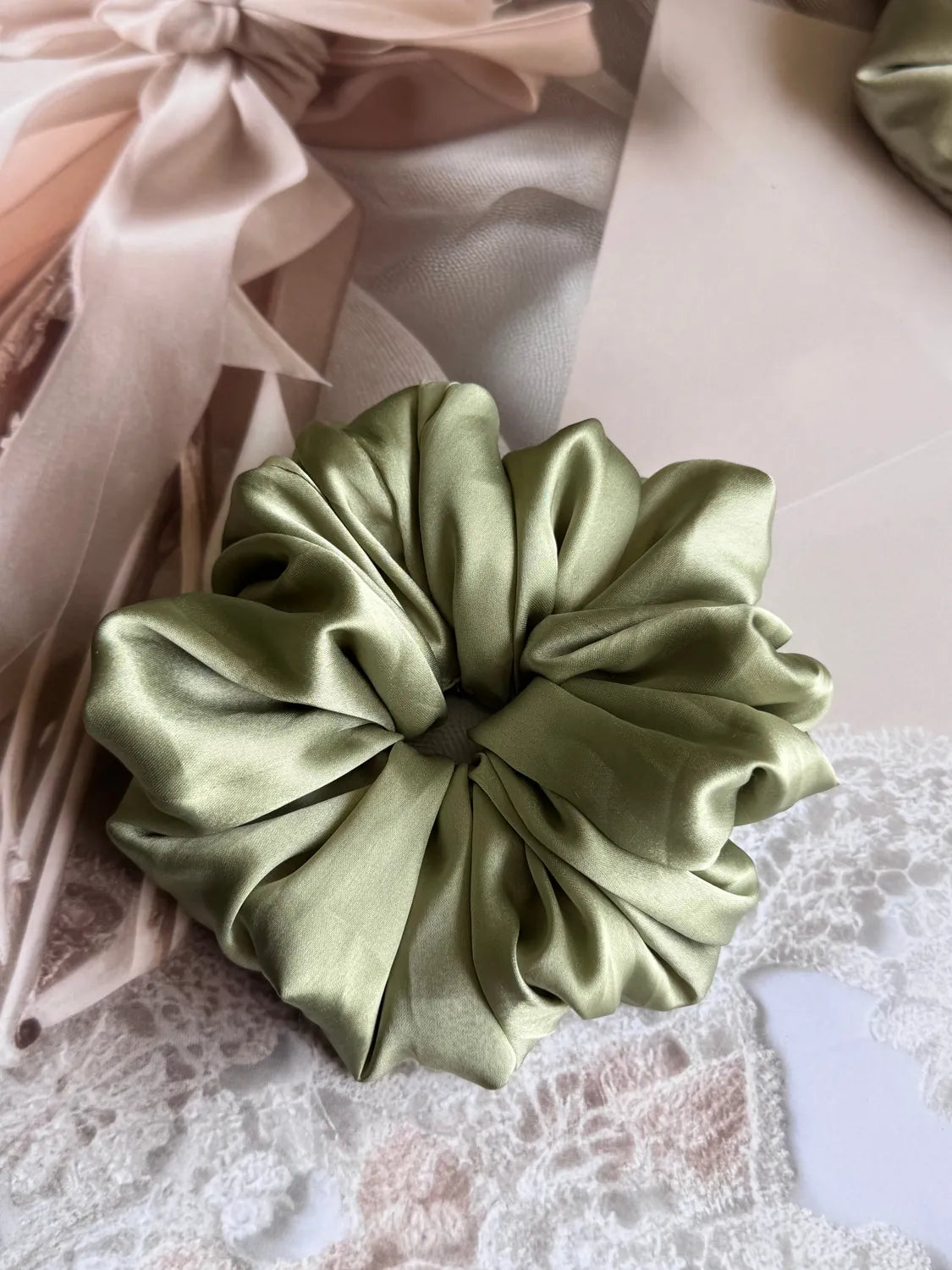 Bows and Bags India | Sage Bloom – Silky Smooth XL Oversized Satin Scrunchie | detail view | handmade hair accessories India