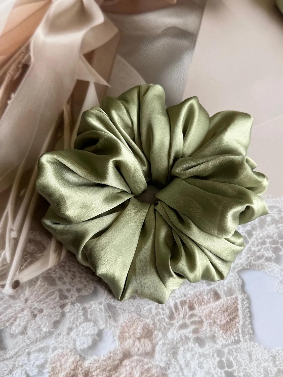 Bows and Bags India | Sage Bloom – Silky Smooth XL Oversized Satin Scrunchie | in use | handmade hair accessories India