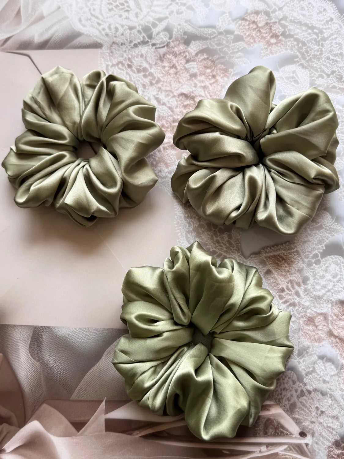 Bows and Bags India | Sage Bloom – Silky Smooth XL Oversized Satin Scrunchie | texture closeup | handmade hair accessories In