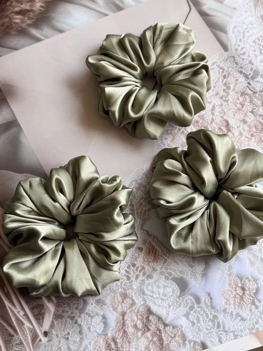 Bows and Bags India | Sage Bloom – Silky Smooth XL Oversized Satin Scrunchie | lifestyle shot | handmade hair accessories Ind