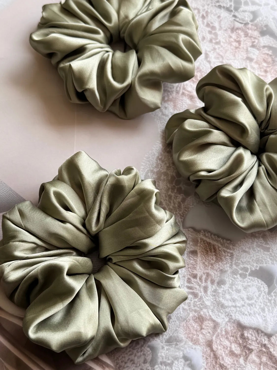 Bows and Bags India | Sage Bloom – Silky Smooth XL Oversized Satin Scrunchie | back view | handmade hair accessories India