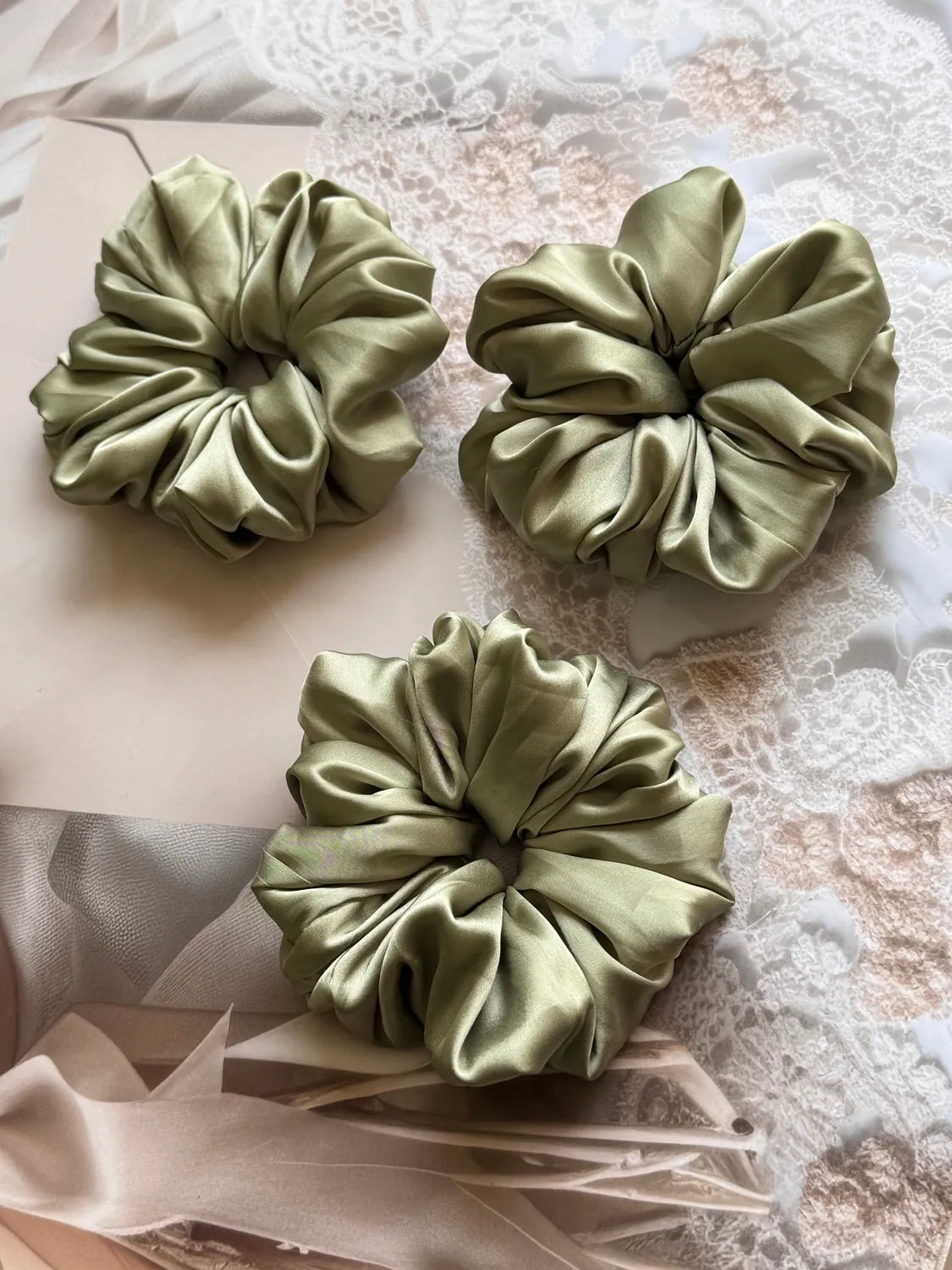 Bows and Bags India | Sage Bloom – Silky Smooth XL Oversized Satin Scrunchie | front view | handmade hair accessories India
