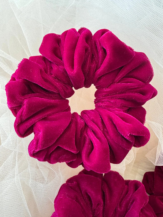 Hot pink luxe velvet scrunchie by Bows and Bags India, oversized handmade hair accessory with soft velvet texture and