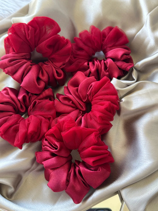 Scarlet Rose crimson red satin net scrunchies arranged on cream silk by Bows and Bags India handmade hair accessories