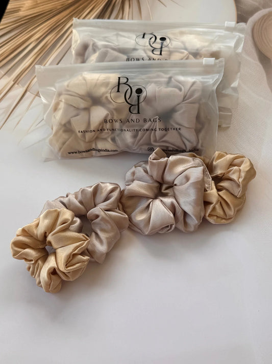 Sigold premium satin scrunchies pack of 4 in metallic gold and champagne silver, mini and large sizes by Bows and Bags India