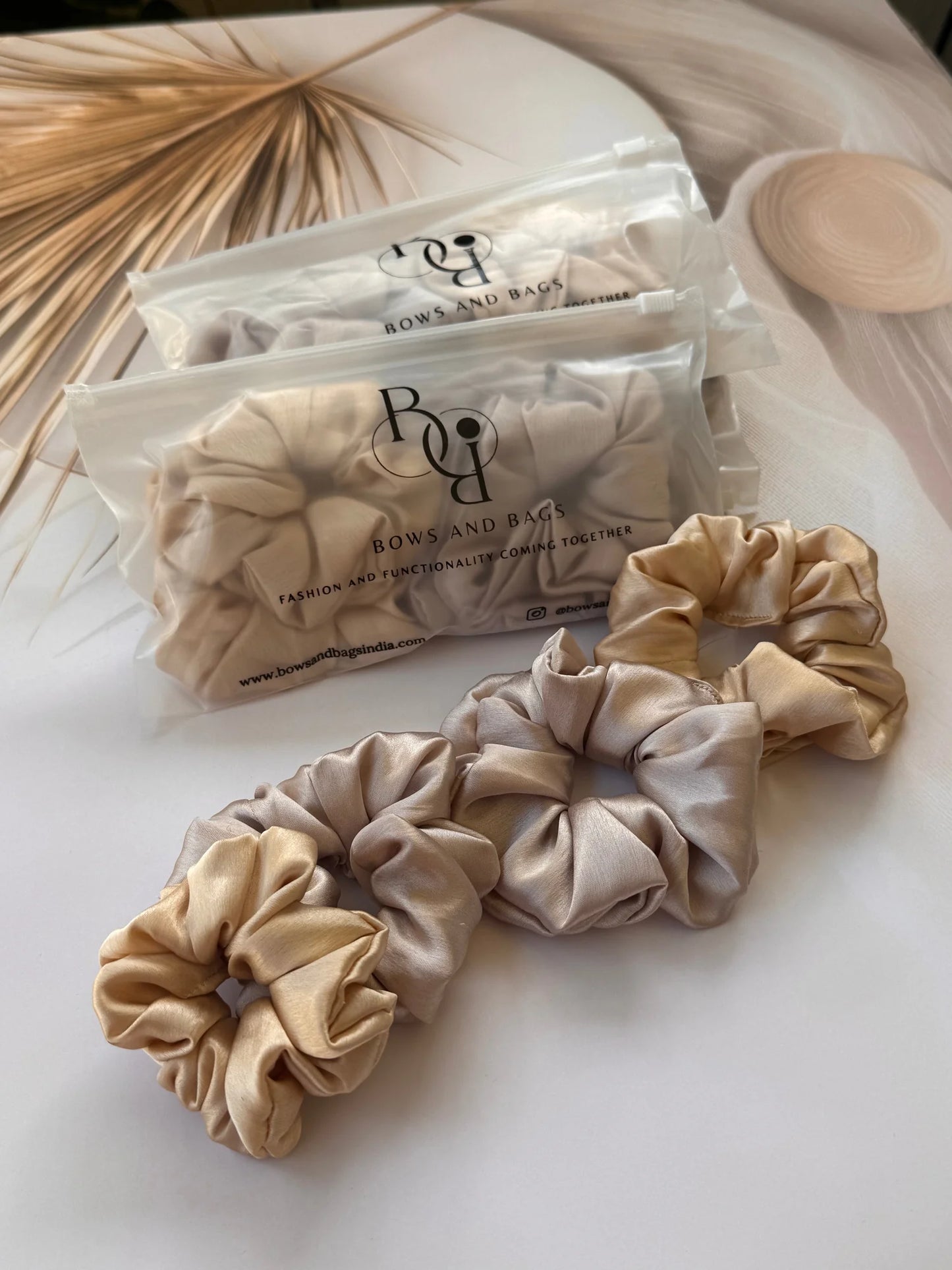 Bows and Bags India premium satin scrunchies pack of 4 in gold and champagne metallic tones with packaging displayed