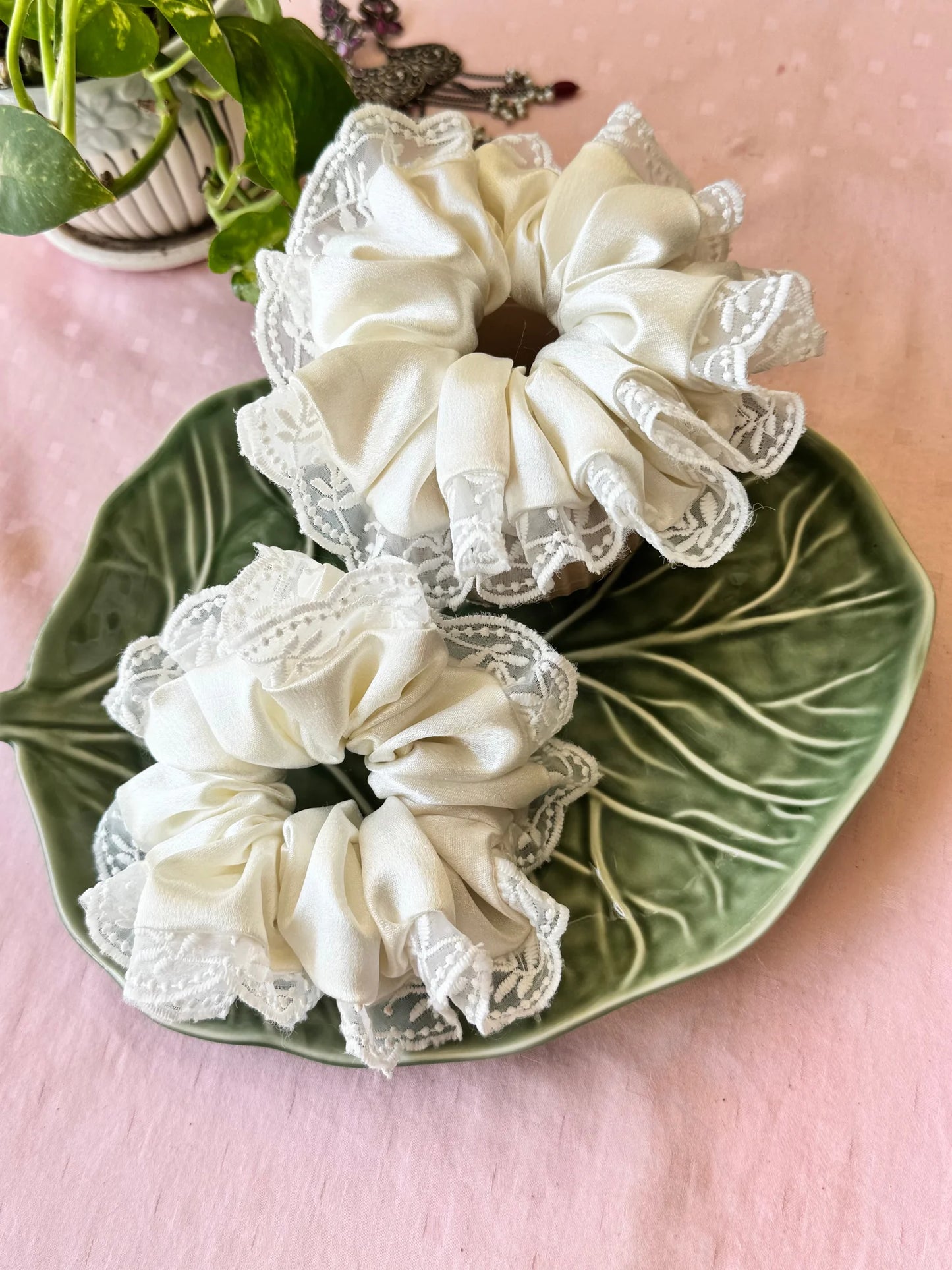 White moss satin scrunchies with delicate embroidered lace detail by Bows and Bags India, handmade hair accessories